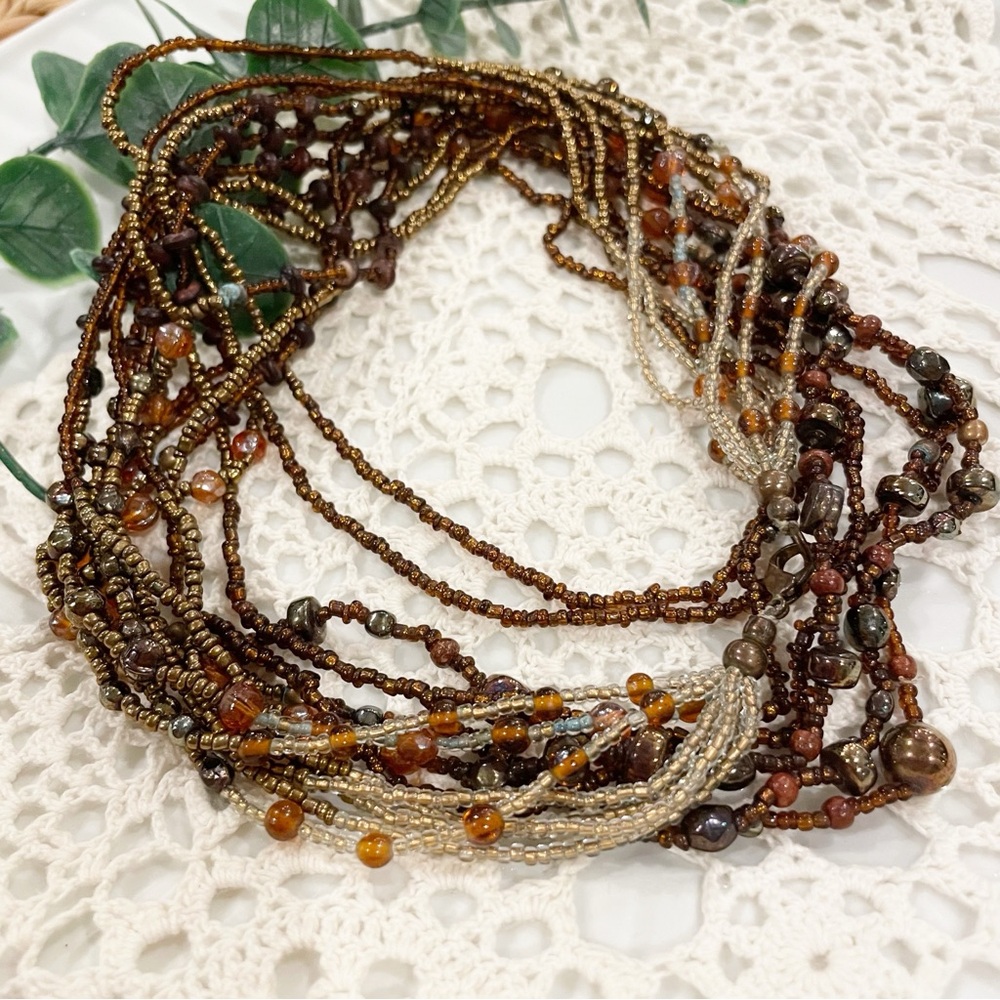Vintage Beaded Necklace Seed Glass Beads Earth Tones Neutral 90s Statement